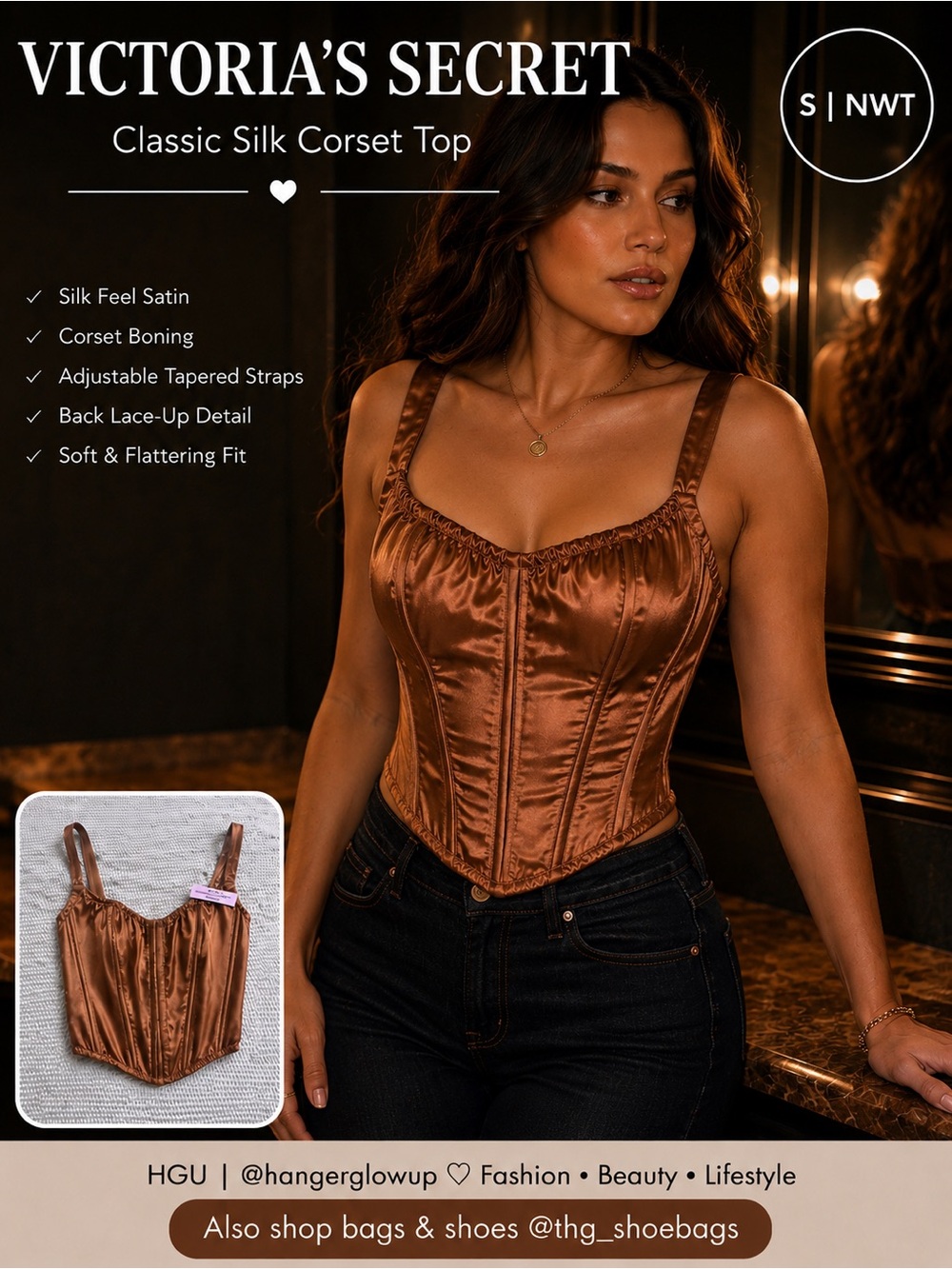 Victoria’s Secret 100% Silk Classic Corset Top Bronze Lace Up NWT Size S